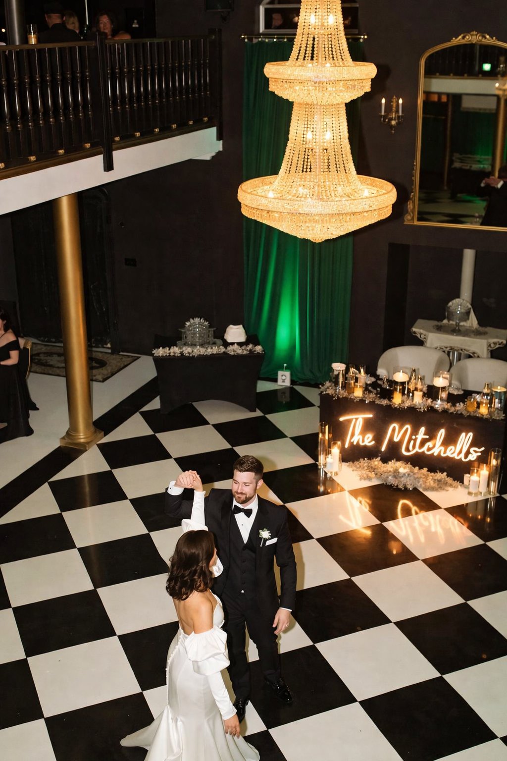 Checkered dance floor set up at an outdoor San Francisco wedding reception