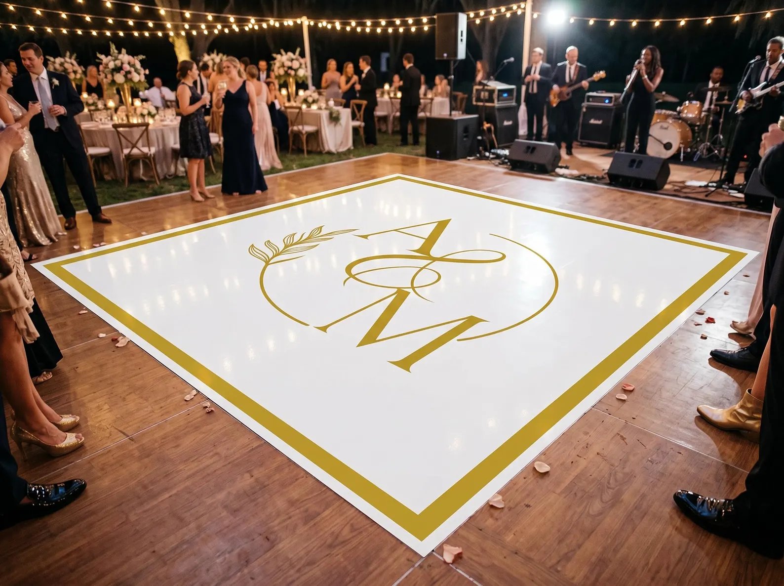 Custom printed vinyl dance floor design at a San Francisco wedding reception