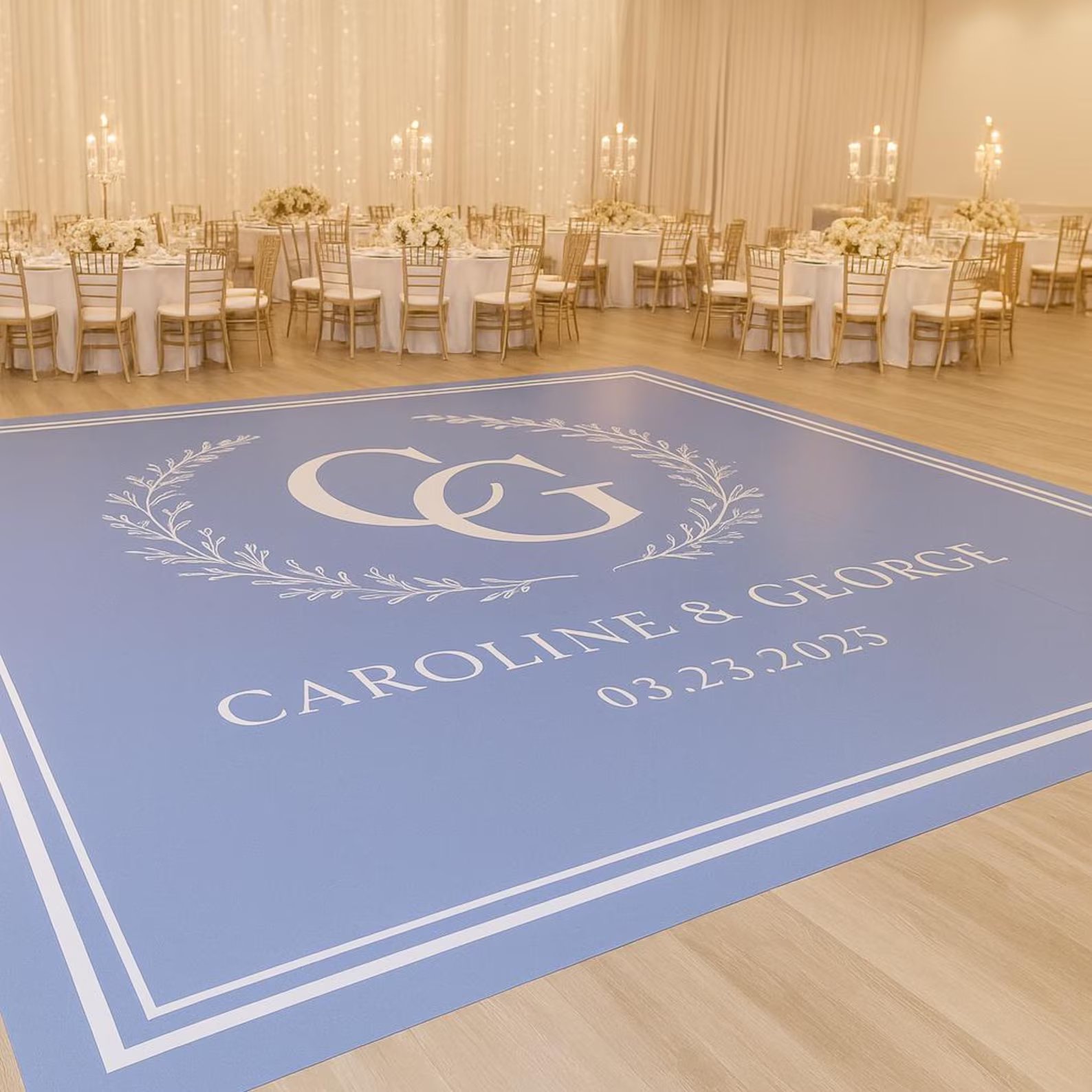 Detail of a custom printed vinyl wrap dance floor at a San Francisco wedding