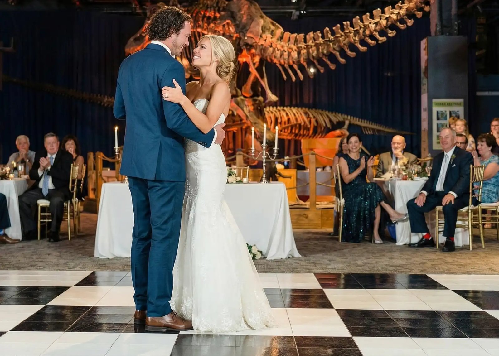 Solid white dance floor set up at a San Francisco event reception